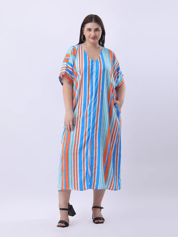 Multi color stripe loose fit dress with front slit