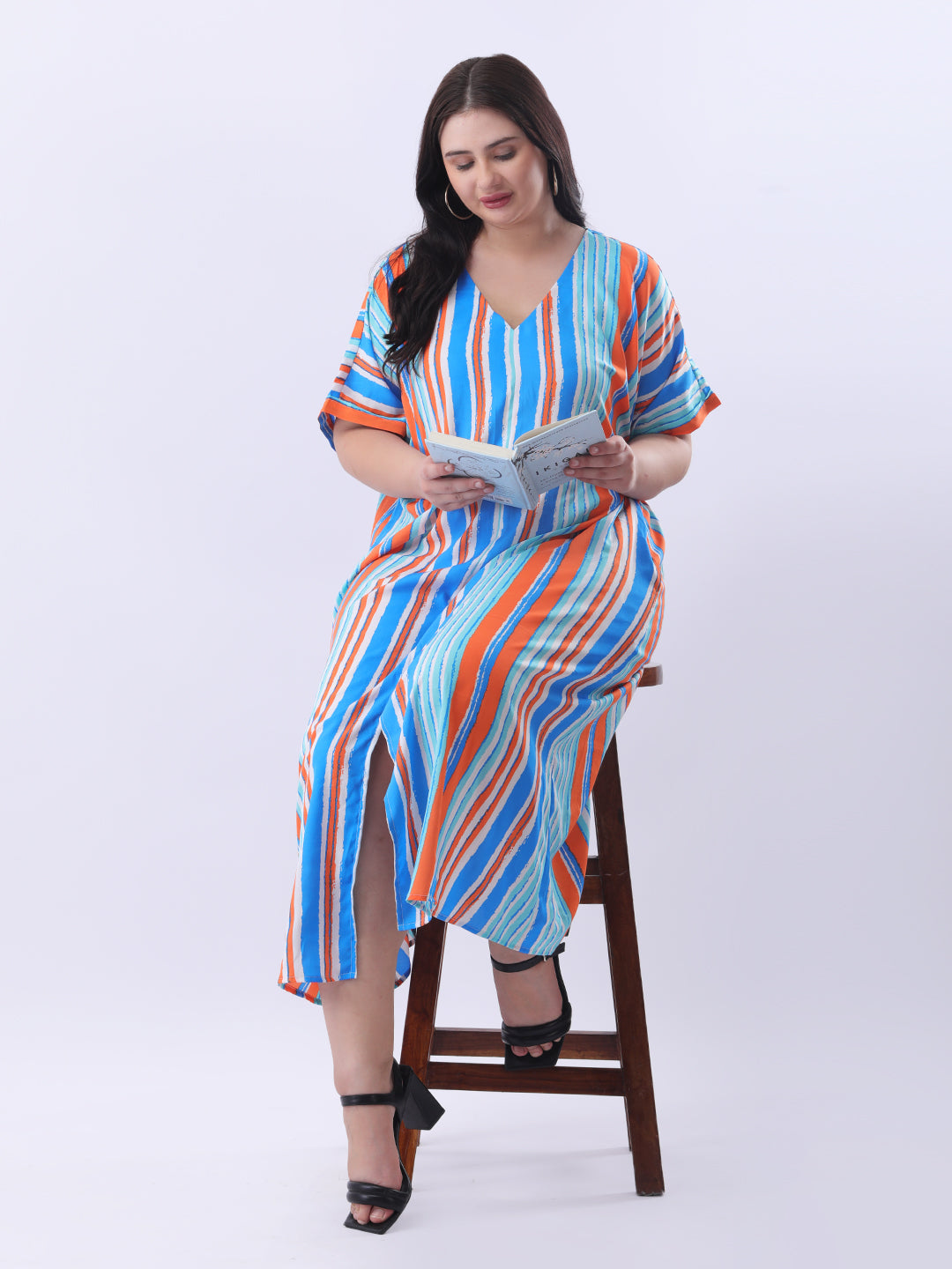 Multi color stripe loose fit dress with front slit