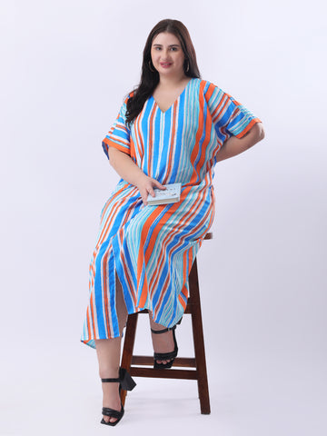 Multi color stripe loose fit dress with front slit