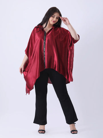 Maroon satin kaftan shirt with sequence detailing in placket