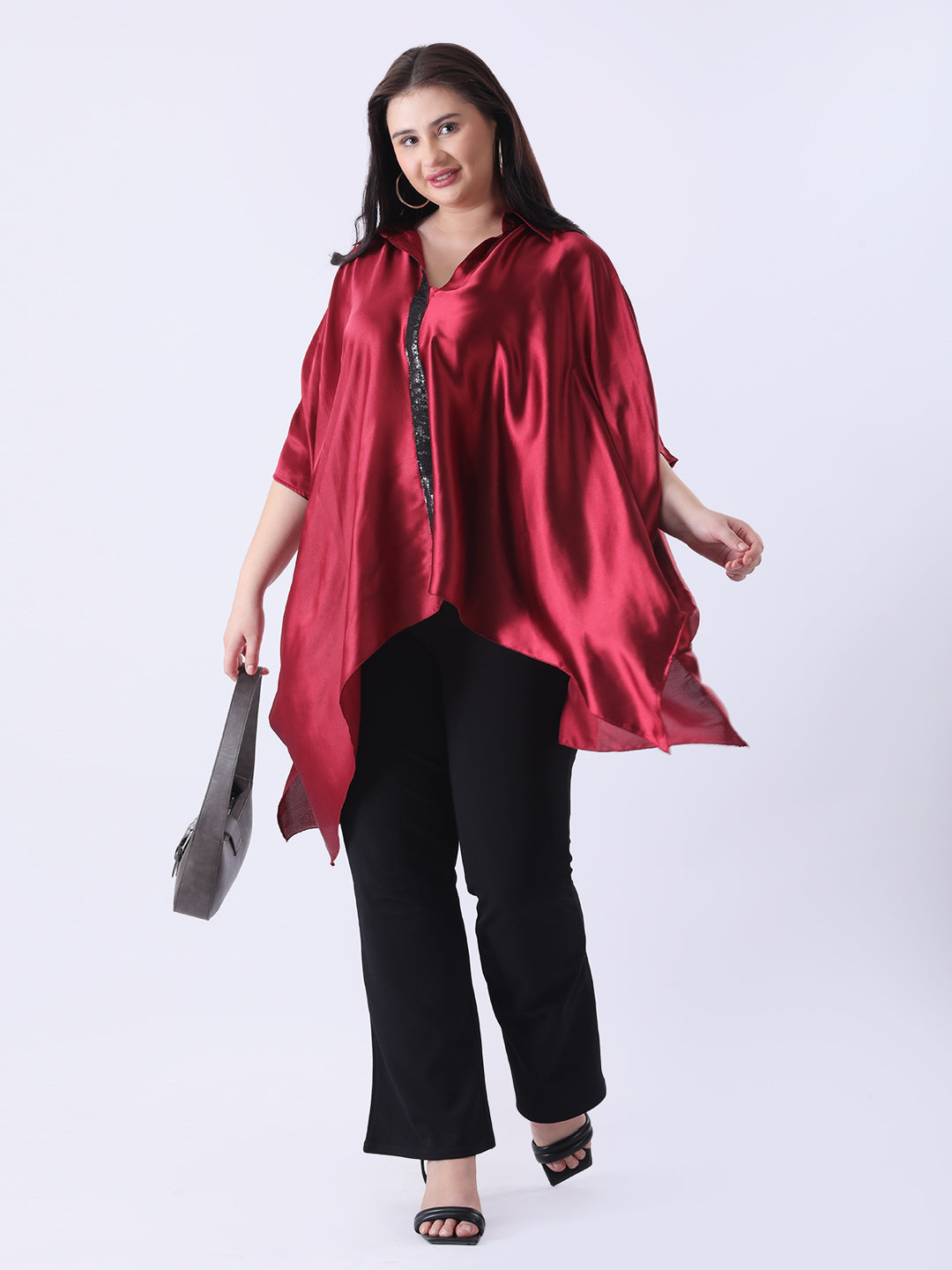 Maroon satin kaftan shirt with sequence detailing in placket