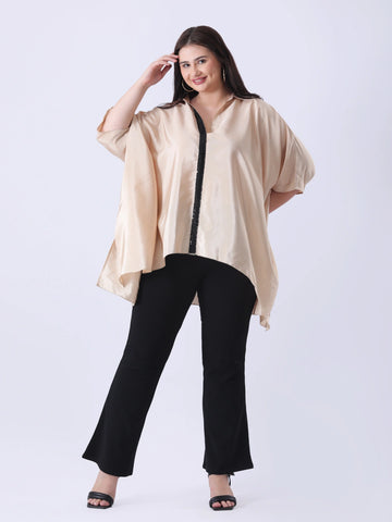Beige kaftan shirt with sequence detailing in placket