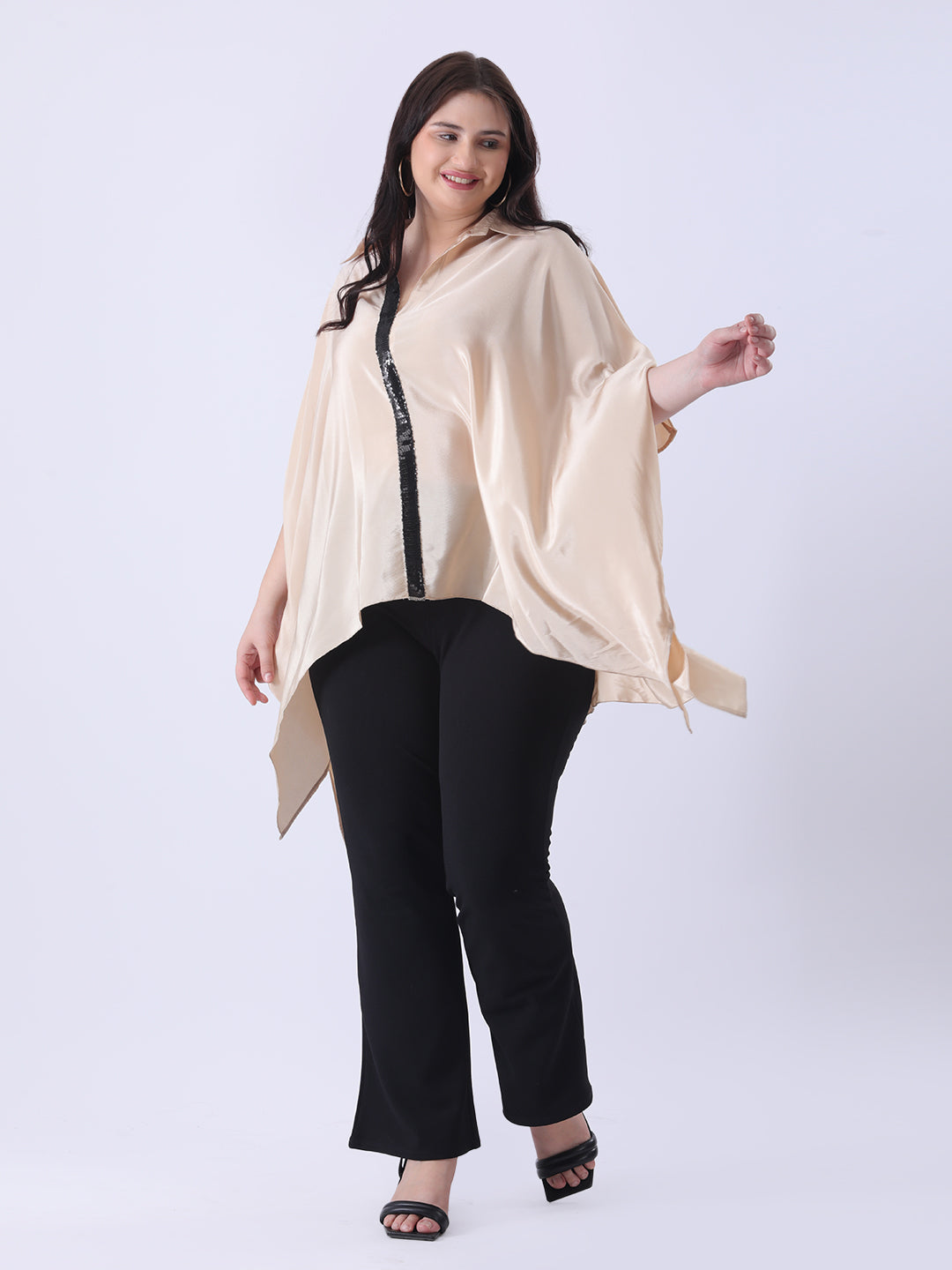 Beige kaftan shirt with sequence detailing in placket