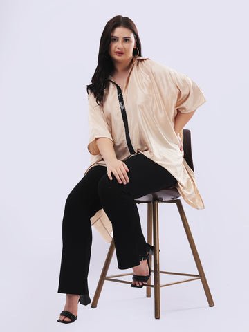 Beige kaftan shirt with sequence detailing in placket