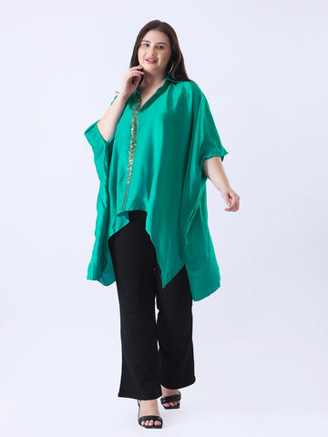 Teal kaftan shirt with sequence detailing in placket