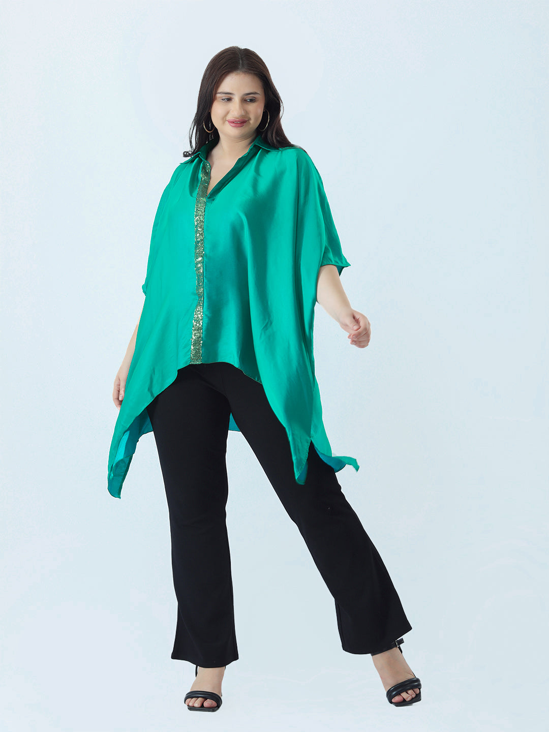 Teal kaftan shirt with sequence detailing in placket