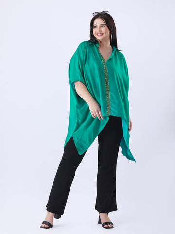 Teal kaftan shirt with sequence detailing in placket