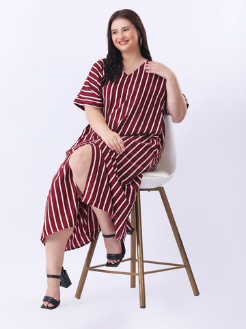 Maroon stripe loose fit dress with front slit