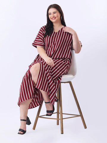 Maroon stripe loose fit dress with front slit