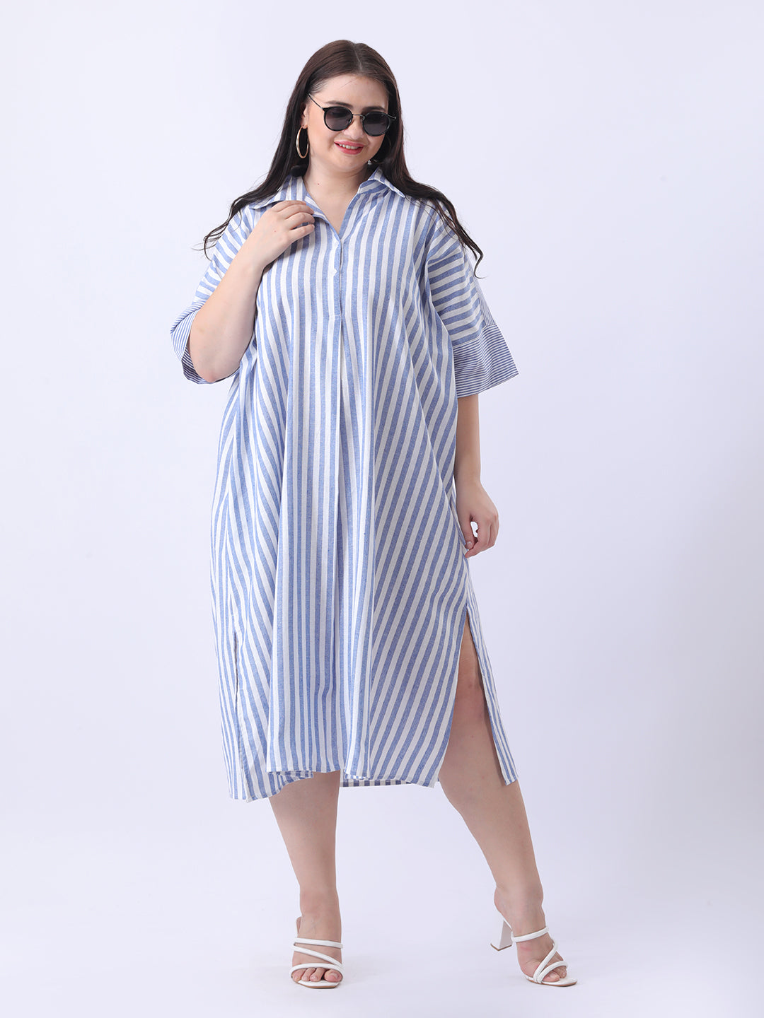 Blue stripe linen oversize dress