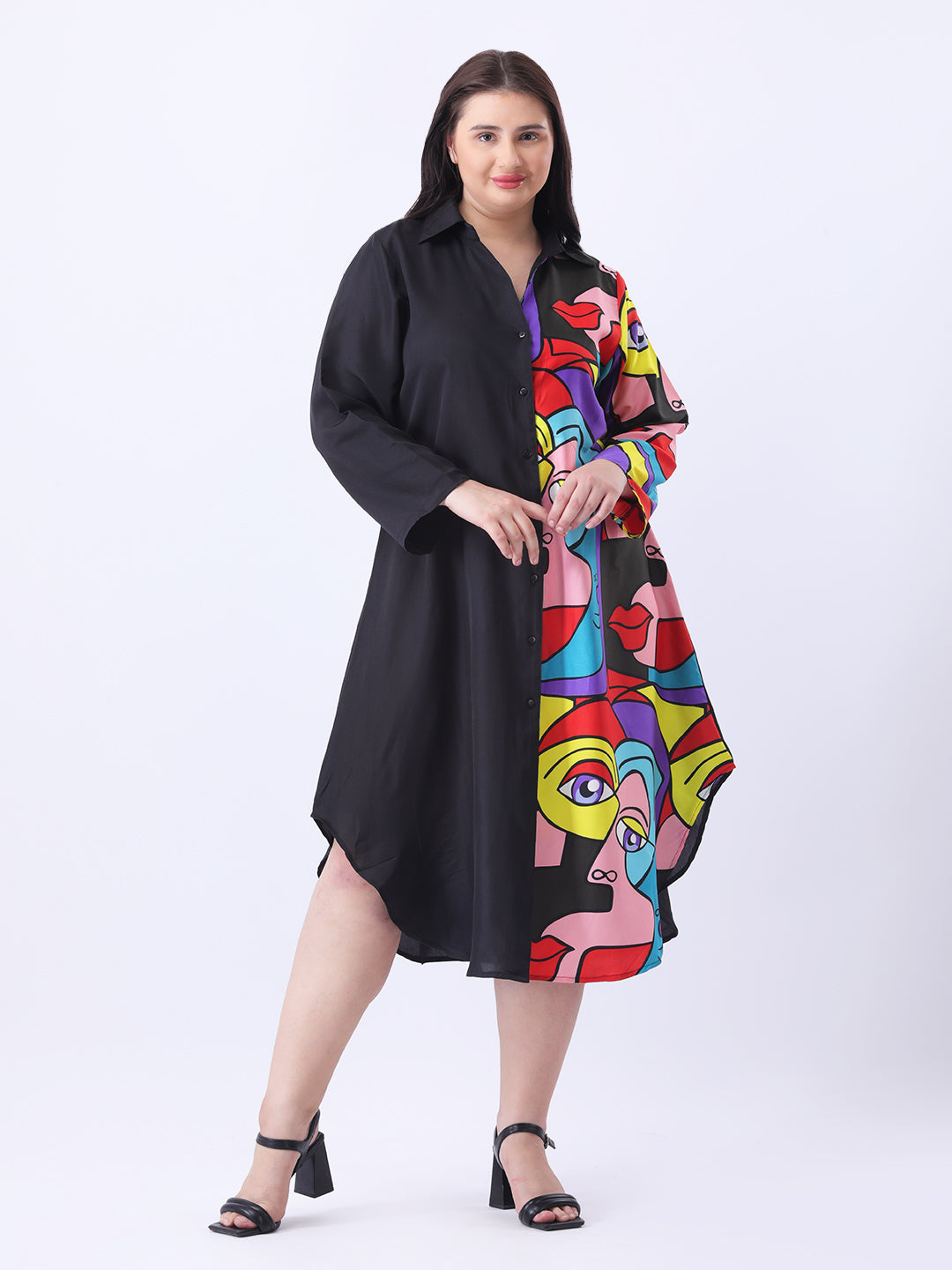 Face print color block shirt dress