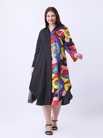 Face print color block shirt dress
