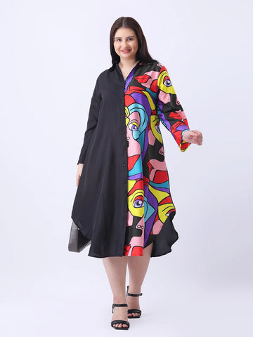Face print color block shirt dress