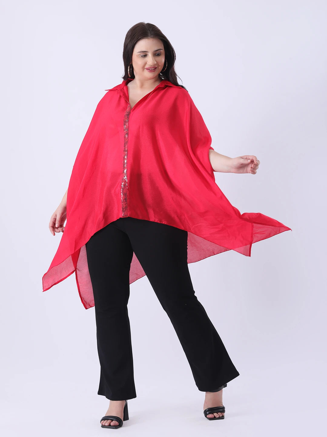 Red chinon kaftan shirt with sequence detailing in placket