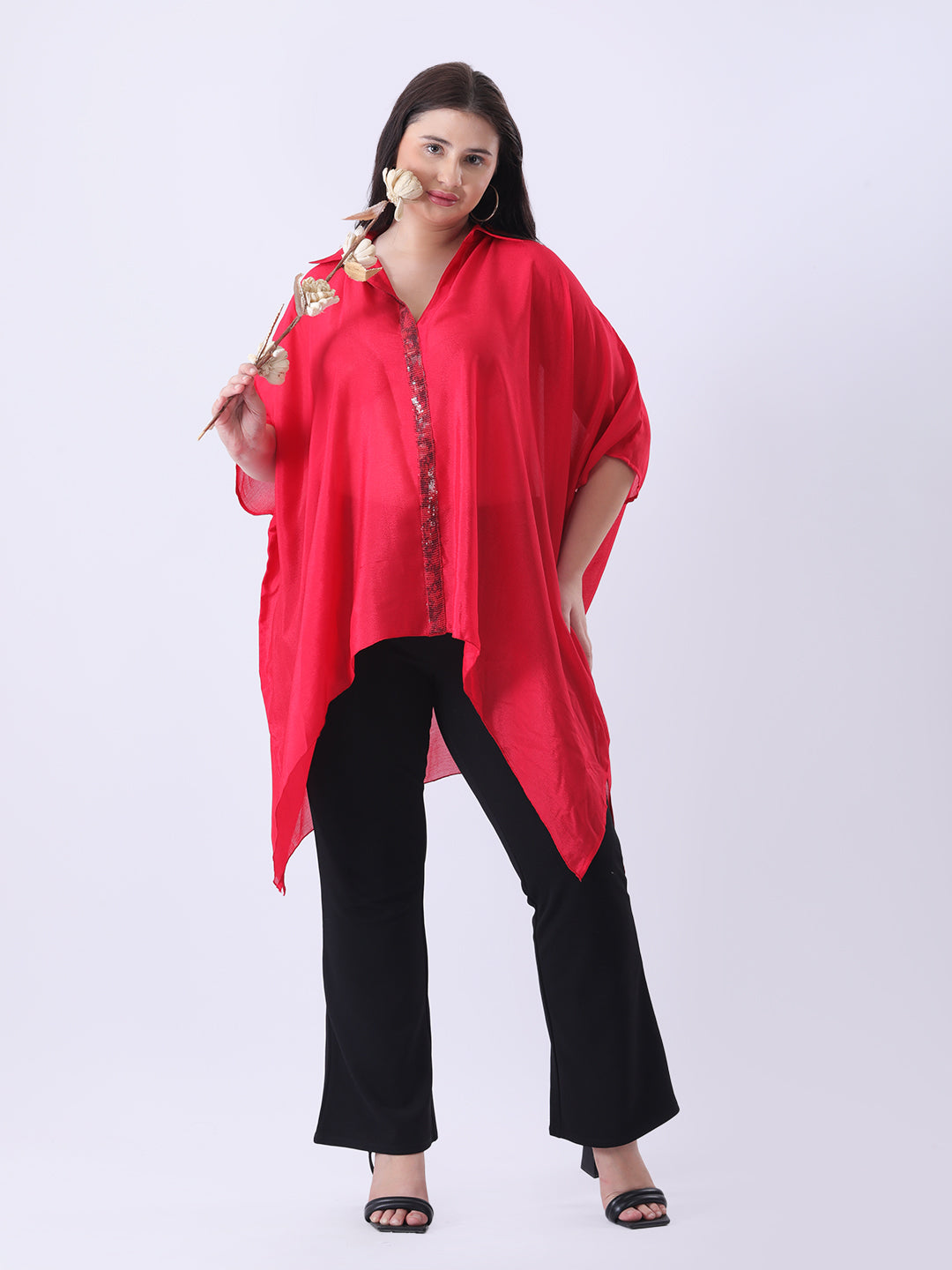 Red chinon kaftan shirt with sequence detailing in placket