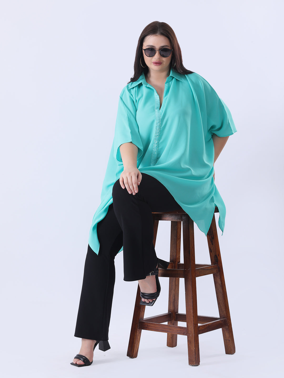 Turquoise moss crepe kaftan shirt with sequence detailing in placket