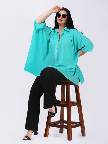 Turquoise moss crepe kaftan shirt with sequence detailing in placket