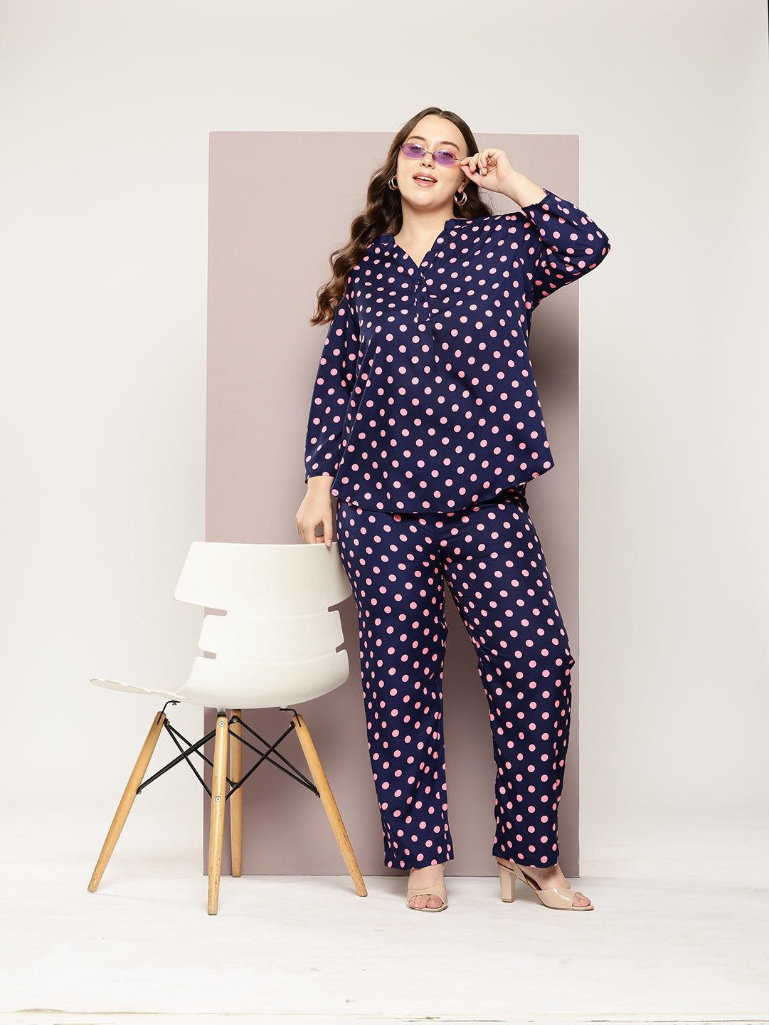 Navy and pink polka crepe shirt and pant set