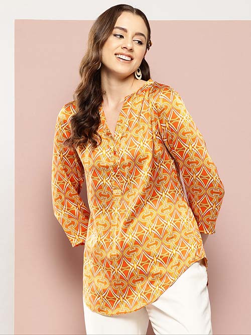 Orange geometric print half placket shirt