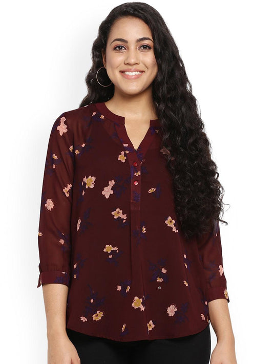 Qurvii Maroon Floral Double Shaded Half Placket Tunic - Qurvii India
