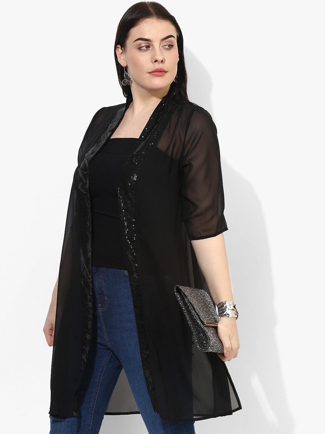 Qurvii Black Solid Open Front Shrug - Qurvii India