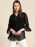 Qurvii Women Black Semi-Sheer Solid Top - Qurvii India