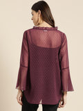 Qurvii Women Burgundy Semi-Sheer Self Design Top - Qurvii India