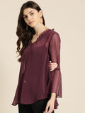 Qurvii Women Burgundy Semi-Sheer Self Design Top - Qurvii India