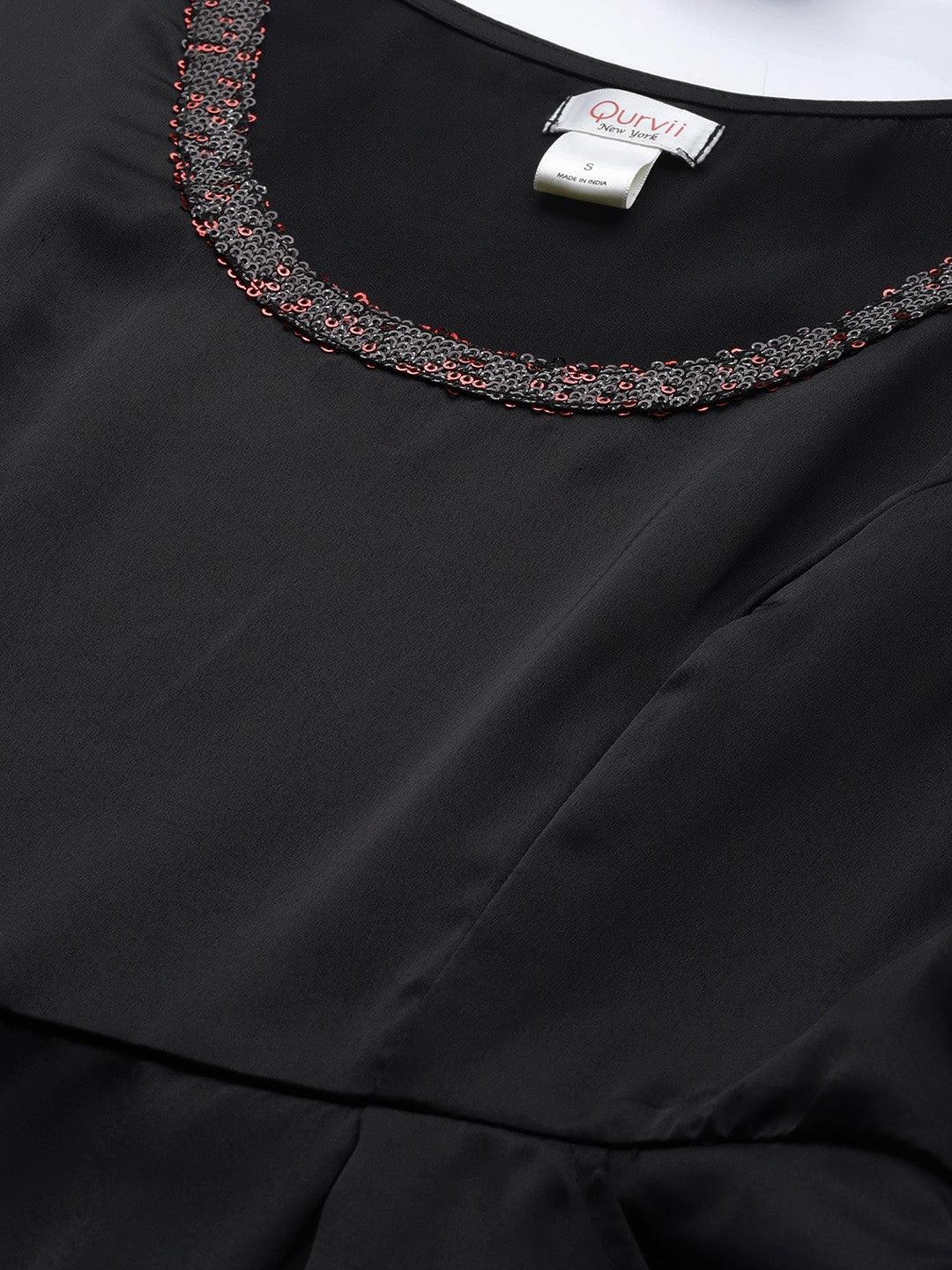 Qurvii Women Black Satin Finish Solid A-Line Dress - Qurvii India