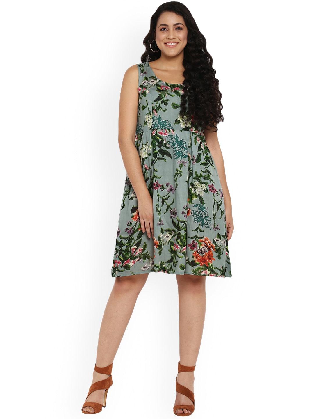 Qurvii Women Green Printed Fit and Flare Dress - Qurvii India
