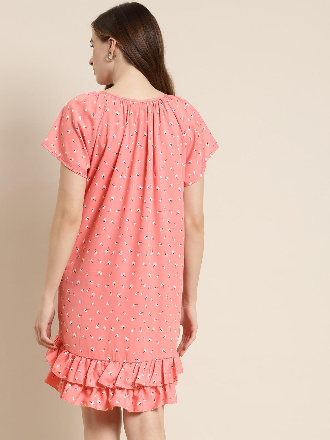 Qurvii Pink & White Floral Print Tie-Up Neck Shift Dress - Qurvii India
