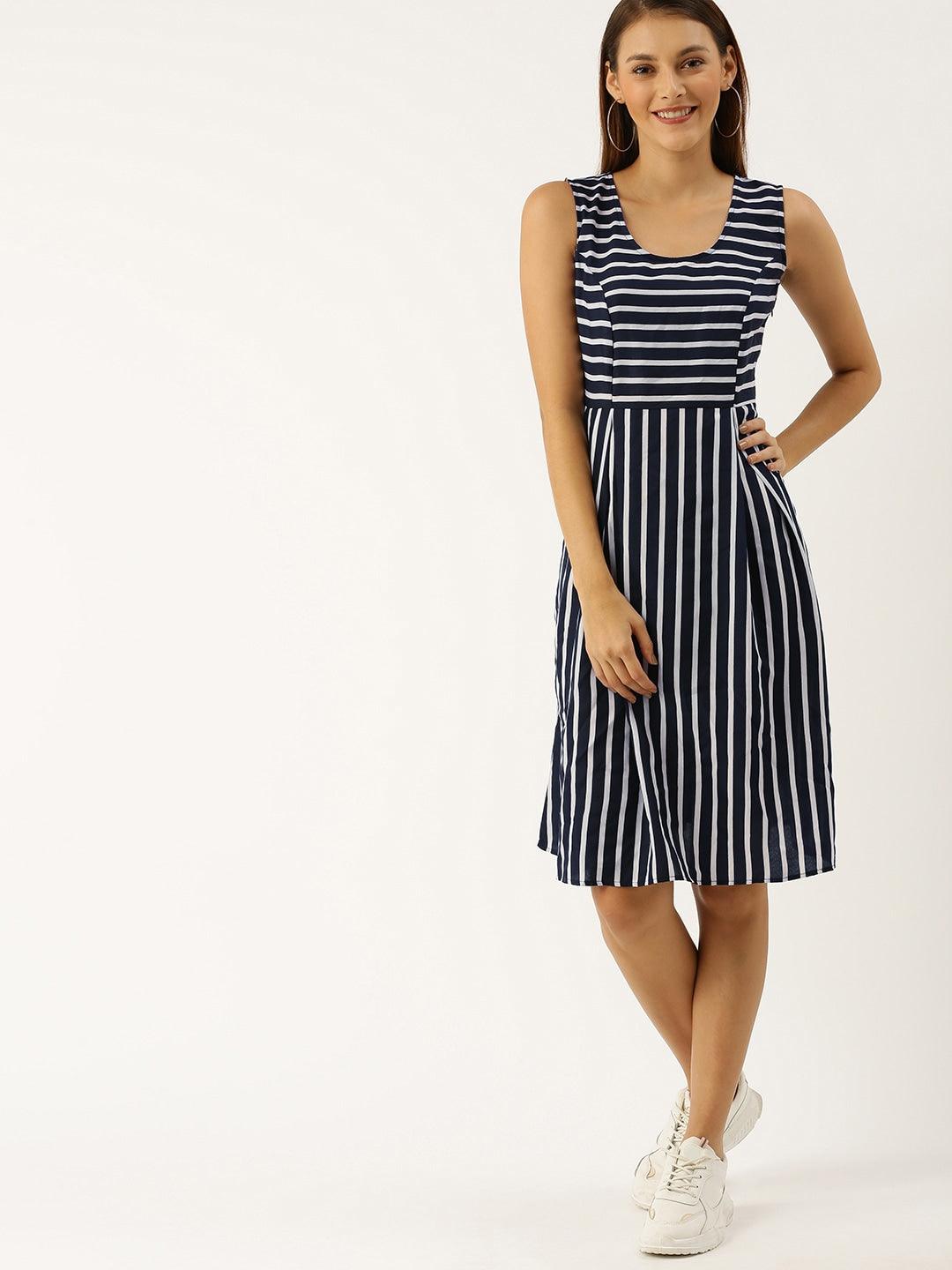 Qurvii Women Navy Blue and White Striped Fit and Flare Dress - Qurvii India