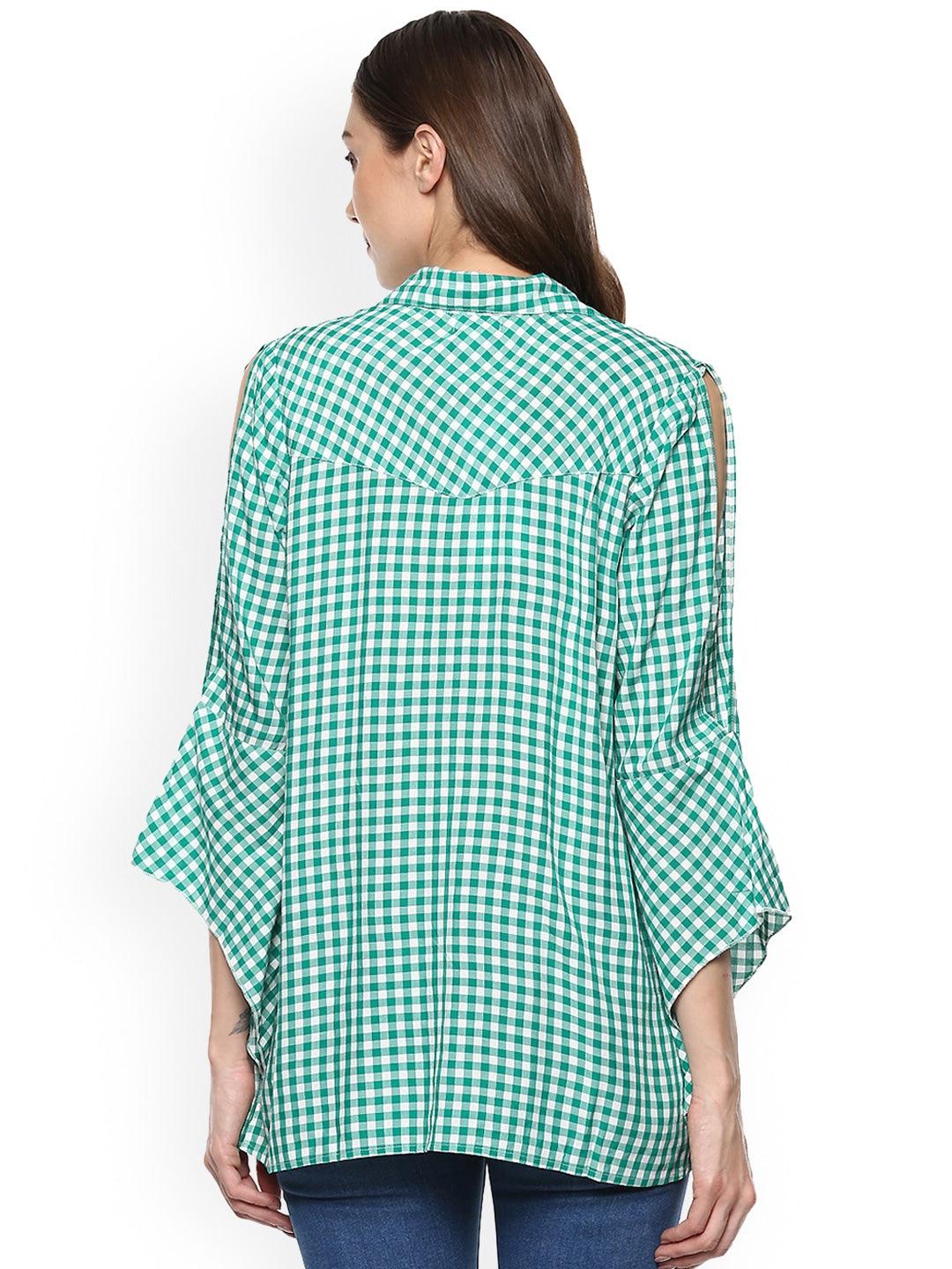 Qurvii Green Gingham Top With Ruffle Sleeves - Qurvii India