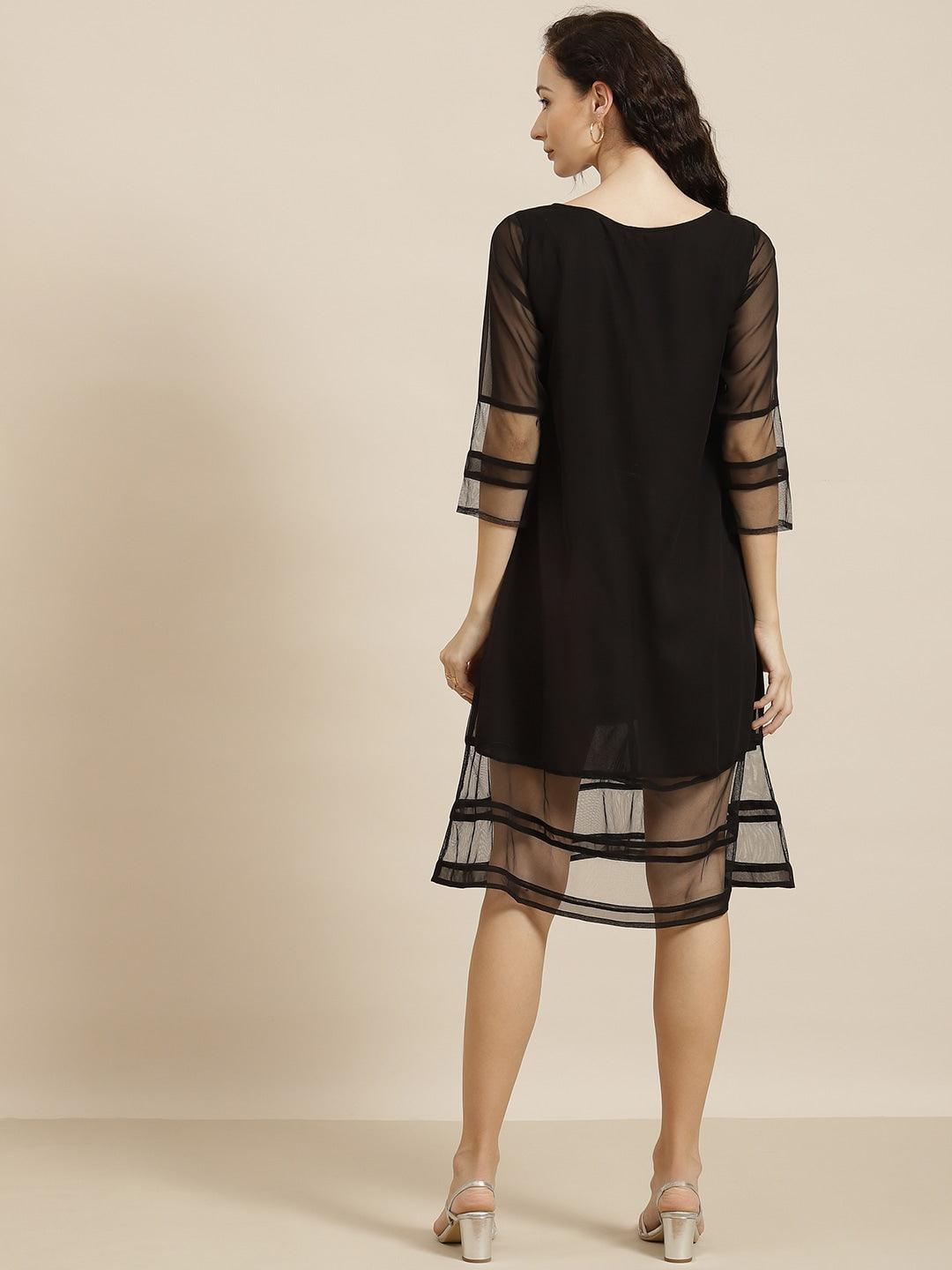 Qurvii Black Georgette A-Line Dress - Qurvii India
