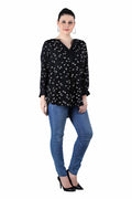 Qurvii Black Floral Print Crepe Half Placket Shirt - Qurvii India