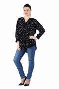 Qurvii Black Floral Print Crepe Half Placket Shirt - Qurvii India