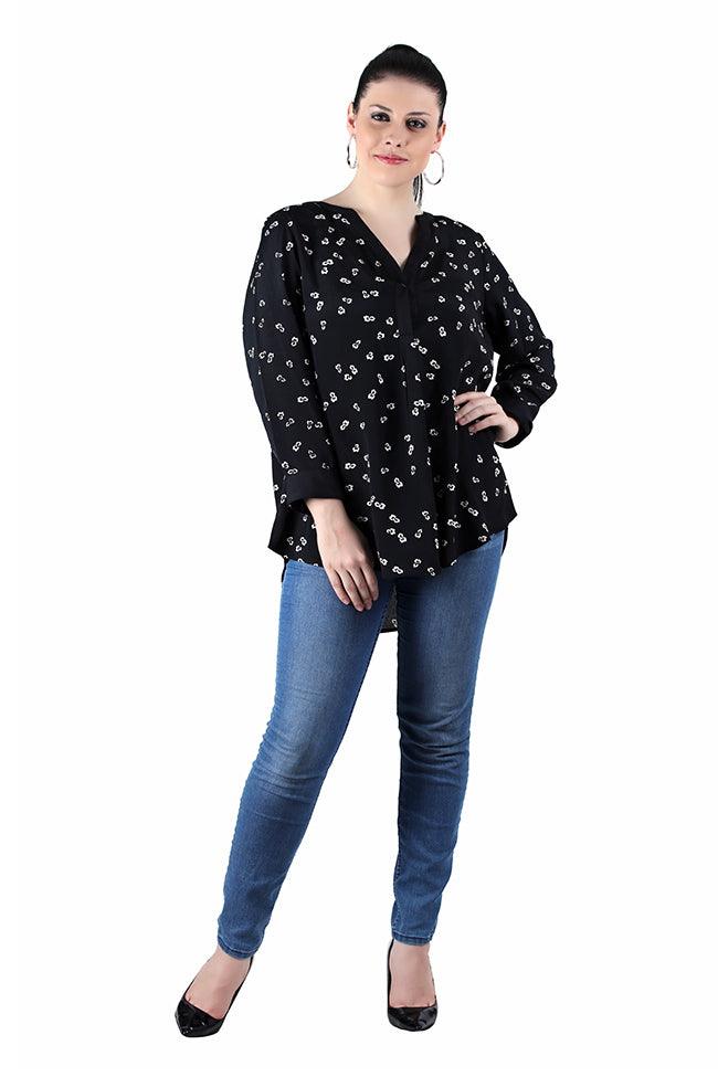 Qurvii Black Floral Print Crepe Half Placket Shirt - Qurvii India