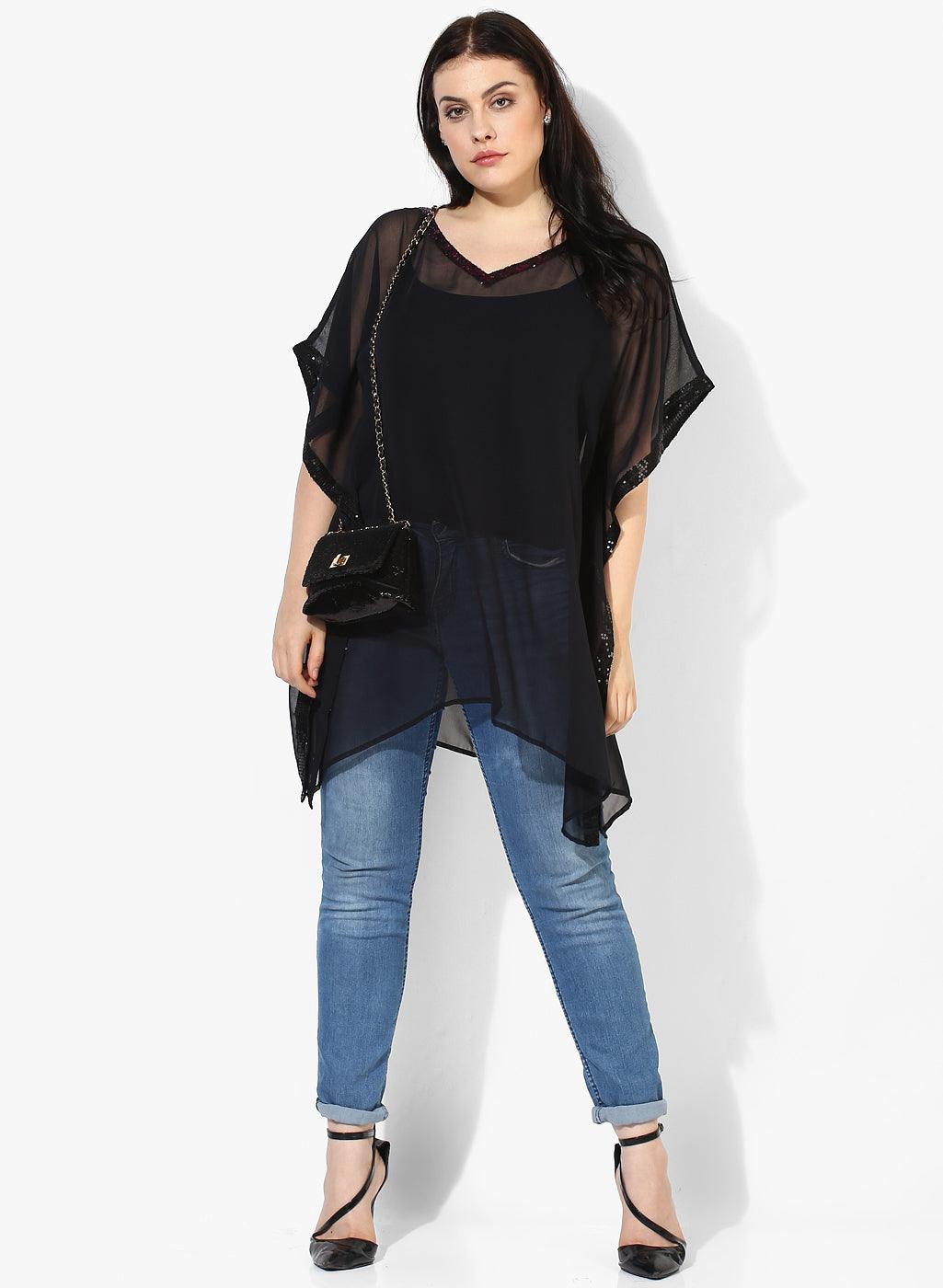 Qurvii Sheer Georgette Black Kaftan - Qurvii India