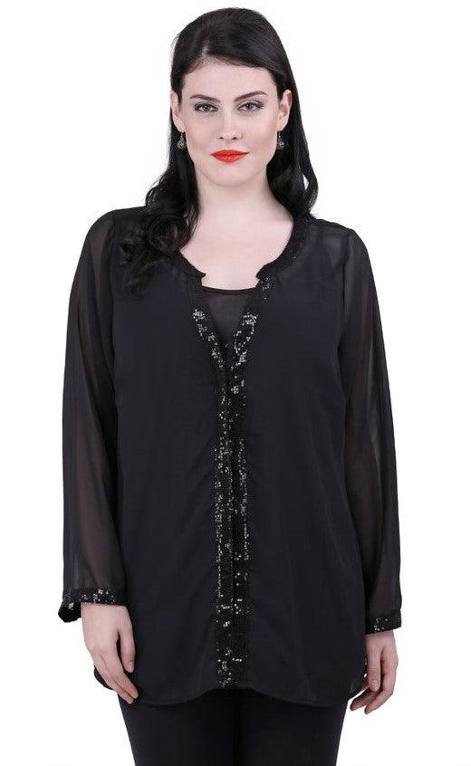 Qurvii Black georgette sequence shirt - Qurvii India