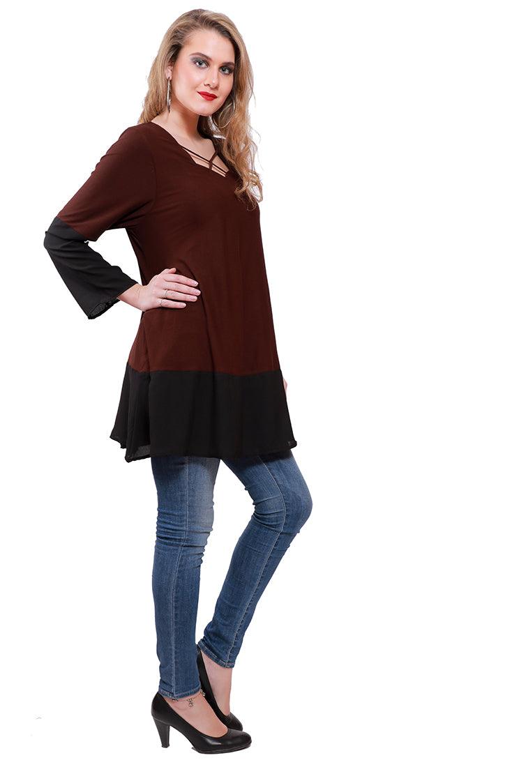 Qurvii Brown jersey mix media tunic - Qurvii India