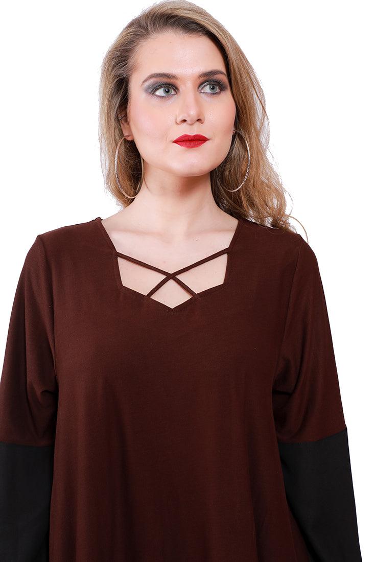 Qurvii Brown jersey mix media tunic - Qurvii India