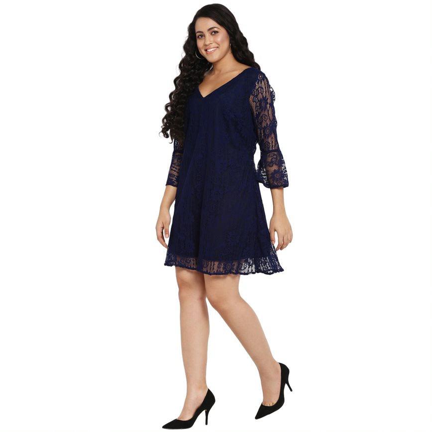 Qurvii Navy Net A Line Dress - Qurvii India