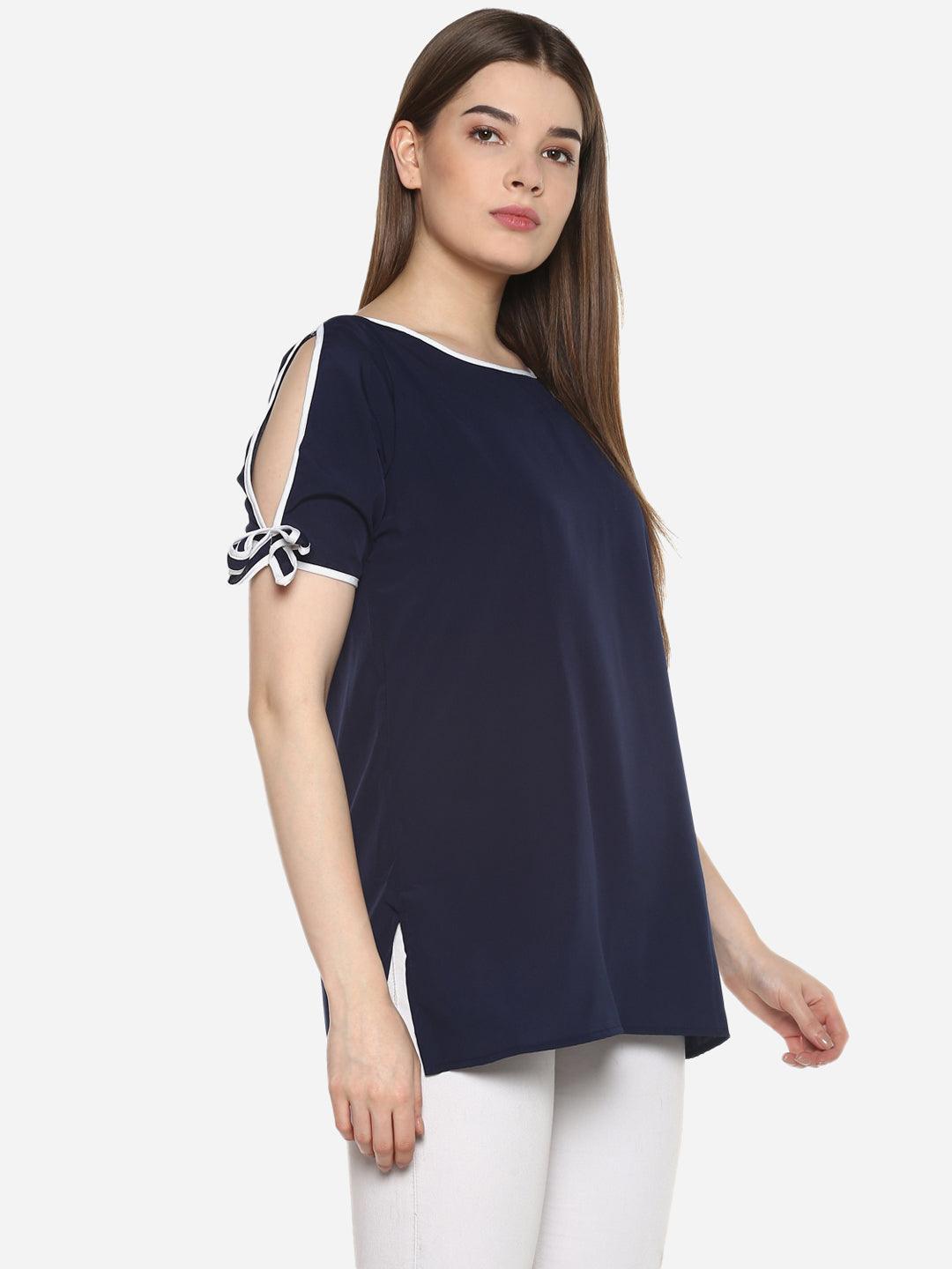 Qurvii Navy solid with white binding , knot at sleeves - Qurvii India