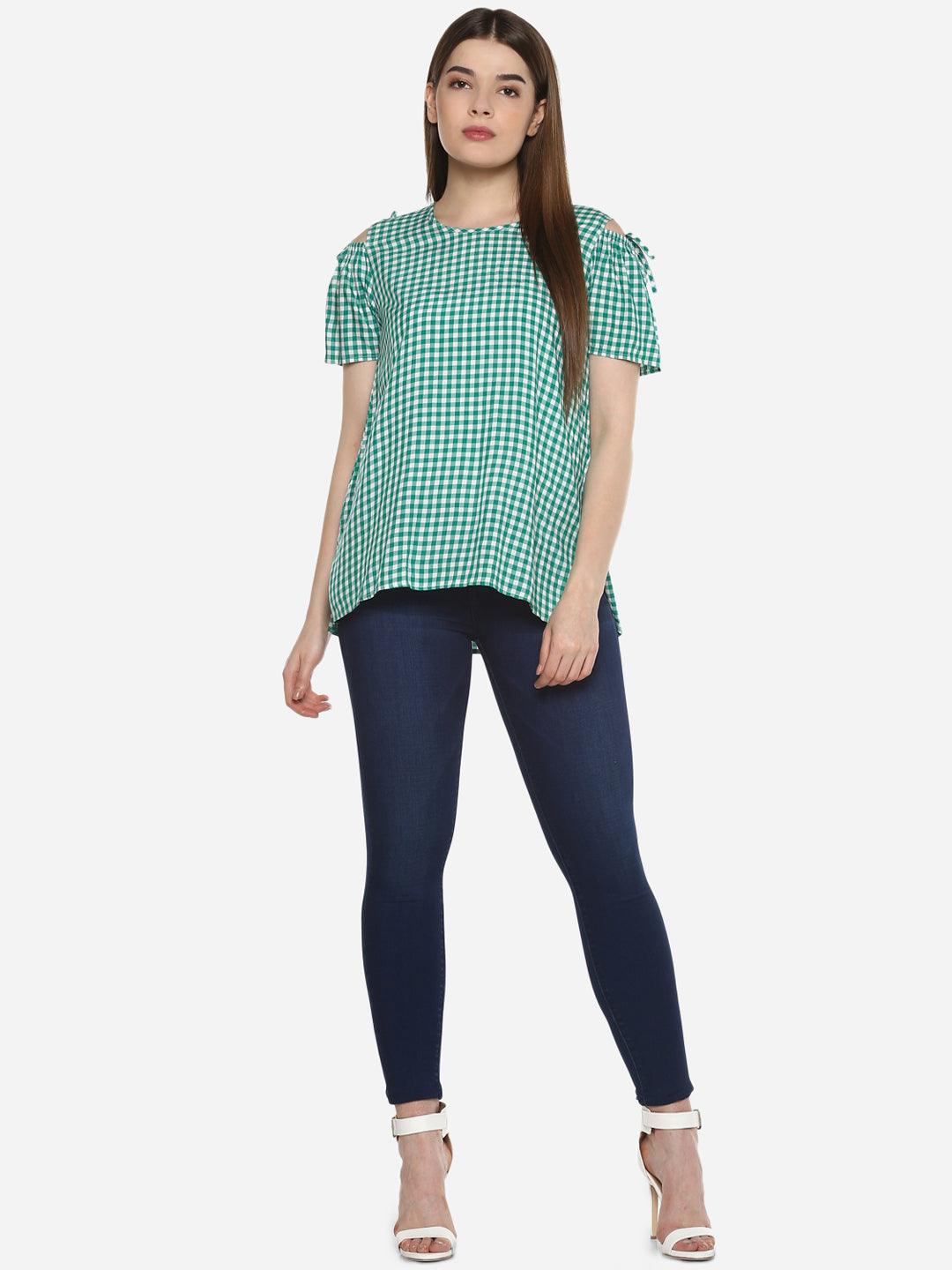 Qurvii Green gingham top with cold shoulder - Qurvii India