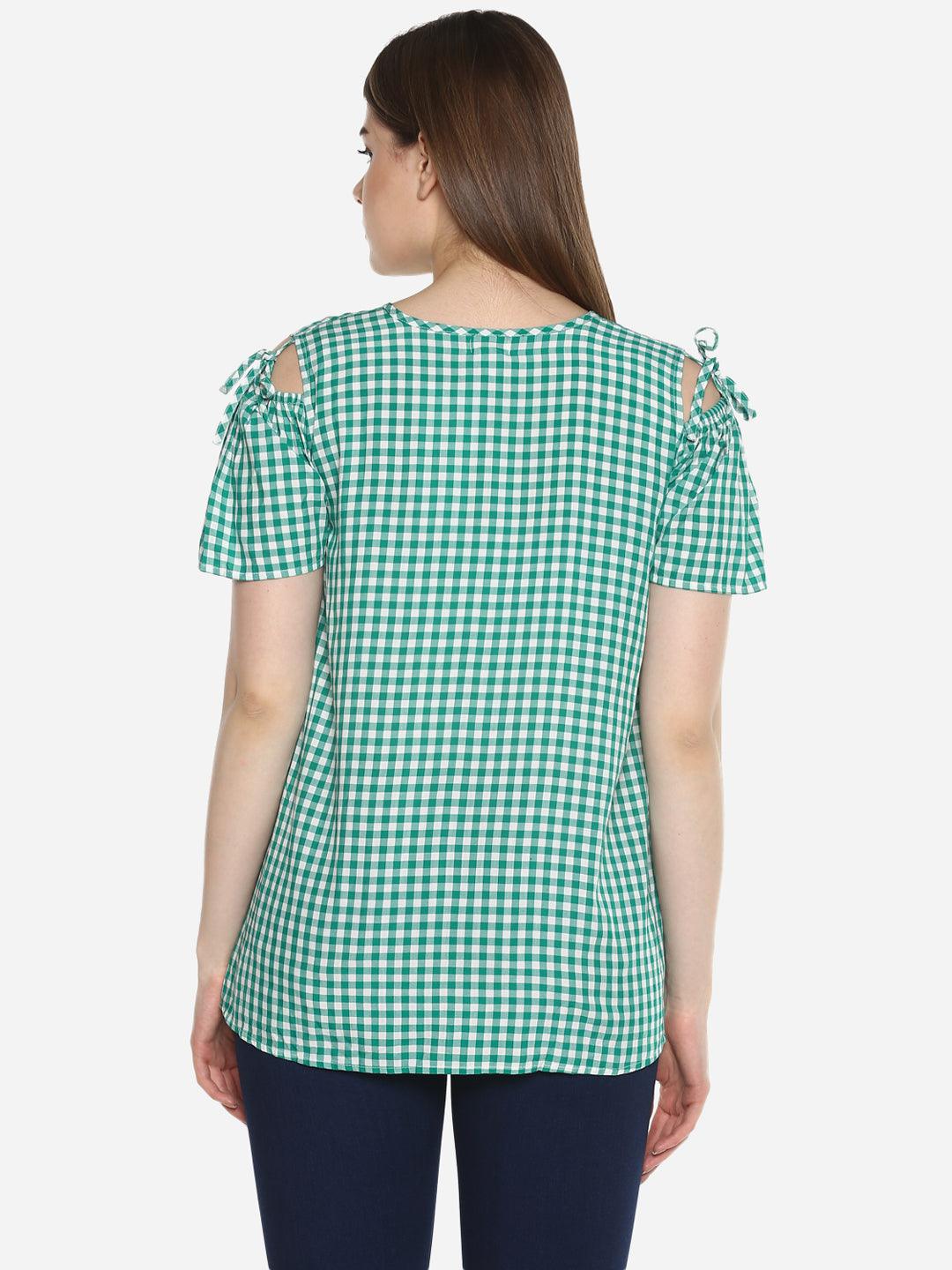Qurvii Green gingham top with cold shoulder - Qurvii India