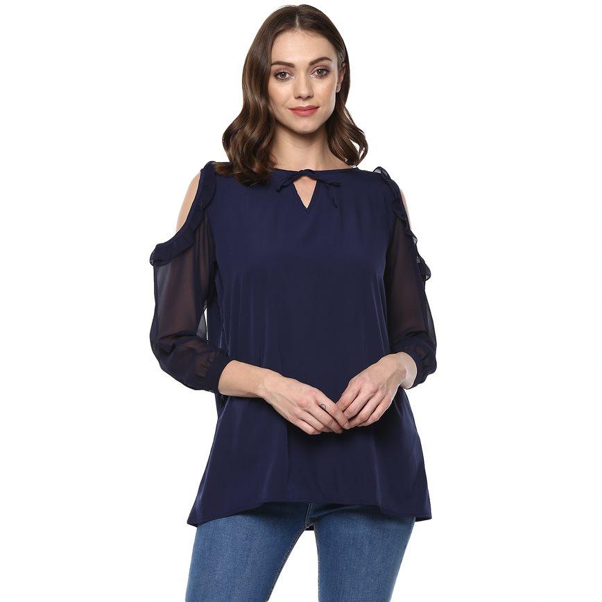 Qurvii Navy Ruffle Trim Cold Shoulder Top - Qurvii India