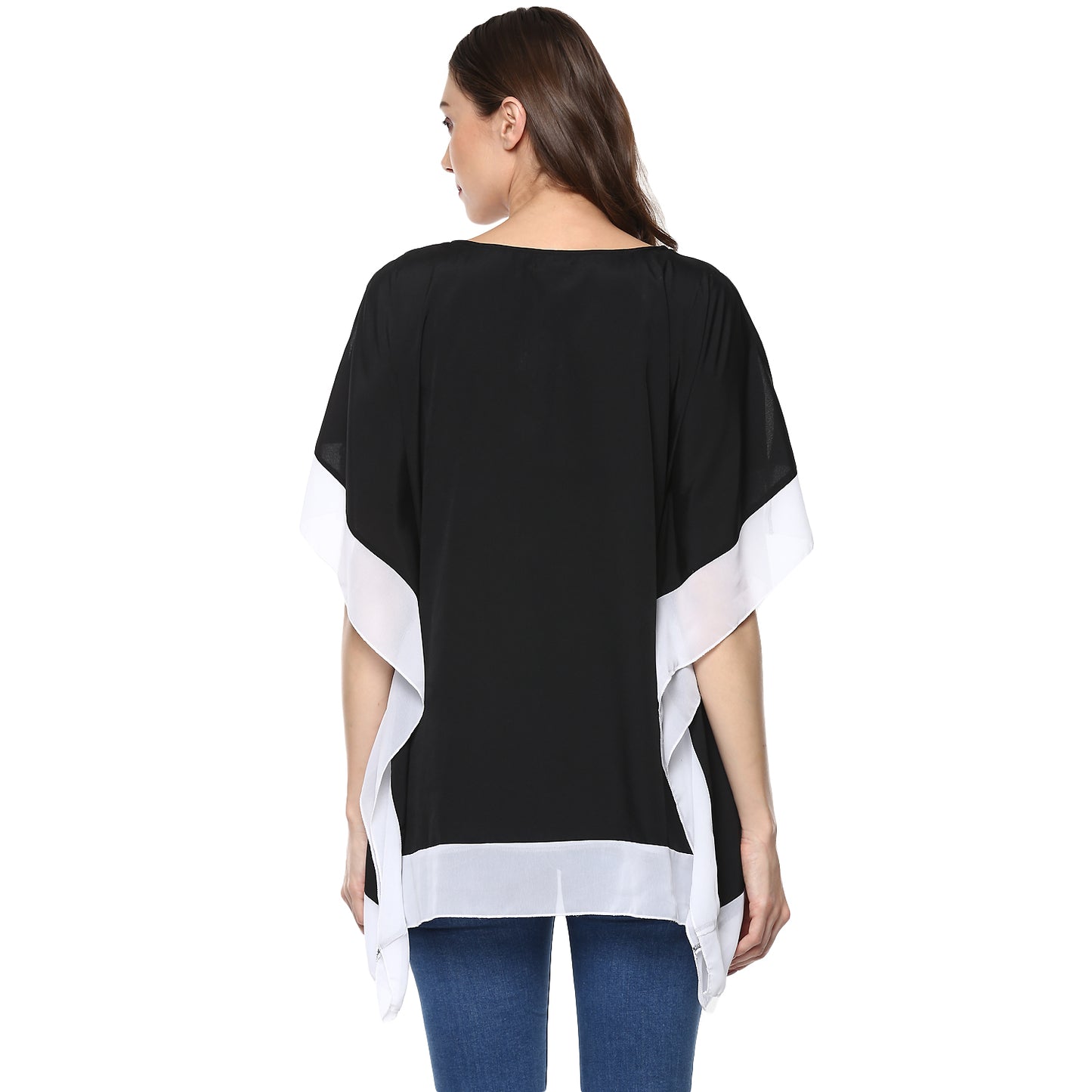 Solid Dark Black Relaxed Fit Round Neck Elbow Length  Crepe Kaftan