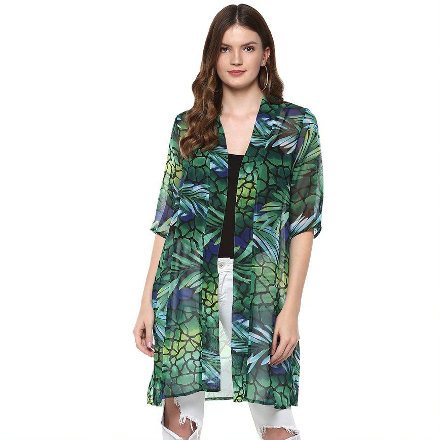 Qurvii Green tropical floral print duster shrug - Qurvii India