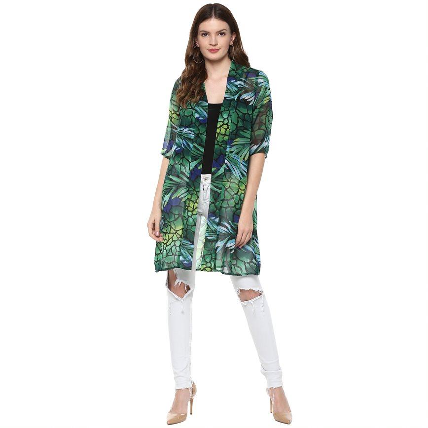 Qurvii Green tropical floral print duster shrug - Qurvii India