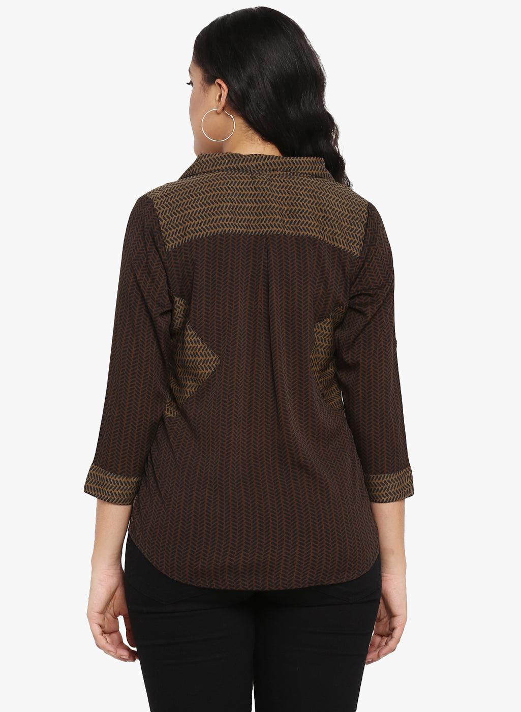 Qurvii Brown printed double shaded side patch shirt - Qurvii India